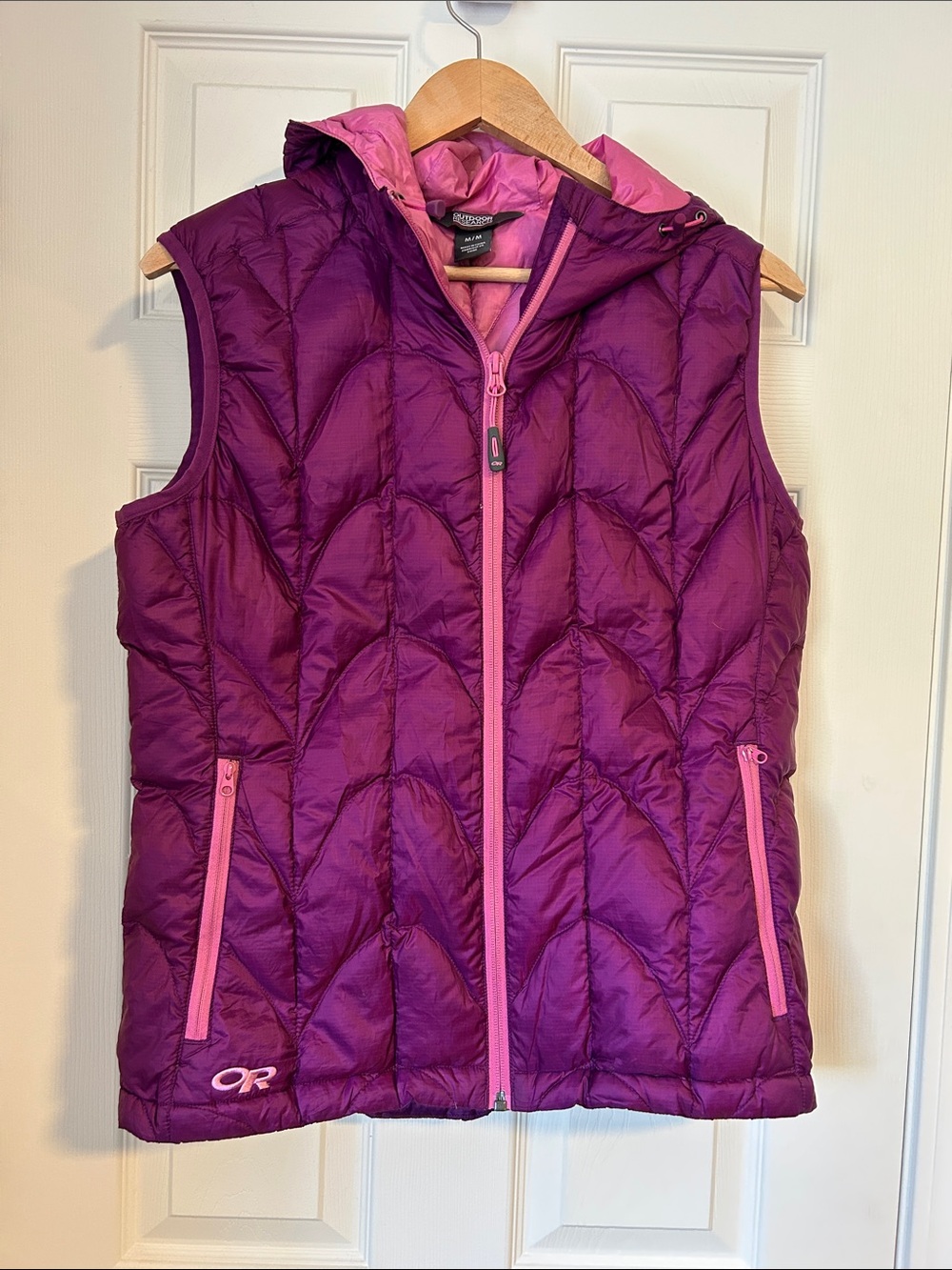Outdoor Research Girls' Purple Hooded Puffer Vest with Pink Trim